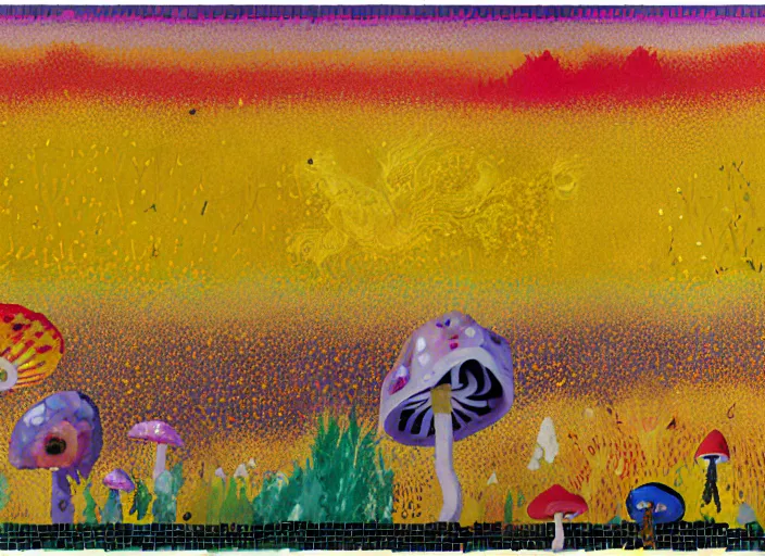 Image similar to expressionistic pixelated decollage painting golden armor alien zombie horseman riding on a crystal bone dragon broken rainbow diamond maggot horse in a blossoming meadow full of colorful mushrooms and golden foil toad blobs in a golden sunset, distant forest horizon, painted by Mark Rothko, Helen Frankenthaler, Danny Fox and Hilma af Klint, graffiti buff, pixel mosaic, semiabstract, color field painting, byzantine art, pop art look, naive, outsider art, very coherent symmetrical artwork. Bekinski painting, part by Philip Guston and Adrian Ghenie, art by George Condo, 8k, extreme detail, intricate detail, masterpiece