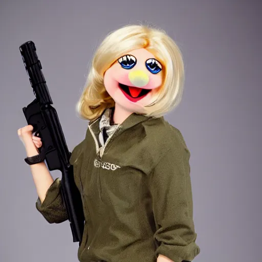 Image similar to very very cute blonde female muppet looking at l 9 6 a 1 with mischievous smile and happy eyes