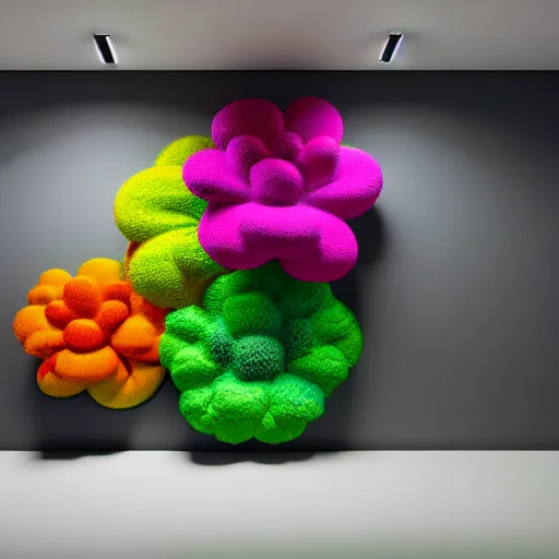 Image similar to : colorful abstract puffy floral sculpture art on the wall in modern architecture studio, cinematic lighting, hyper - realistic, detailed, render by c 4 d octane, unreal engine, 8 k 3 d render