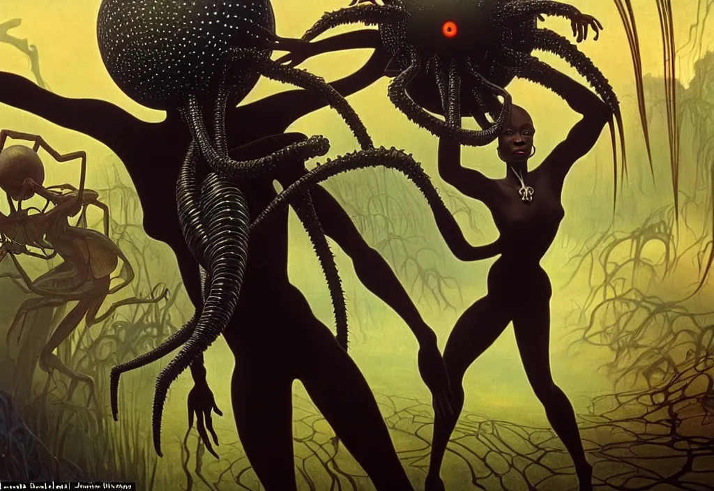 Image similar to realistic detailed portrait movie shot of a beautiful black woman dancing with a giant spider, futuristic sci fi landscape background by denis villeneuve, jean deville, yves tanguy, ernst haeckel, alphonse mucha, max ernst, caravaggio, roger dean, sci fi necklace, fashion, masterpiece, rich moody colours