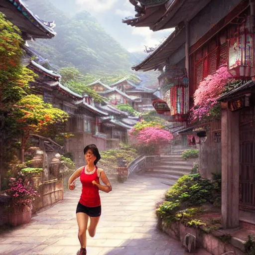 Prompt: portrait of a woman running in jiufen taiwan, an oil painting by ross tran and thomas kincade, studio ghibli