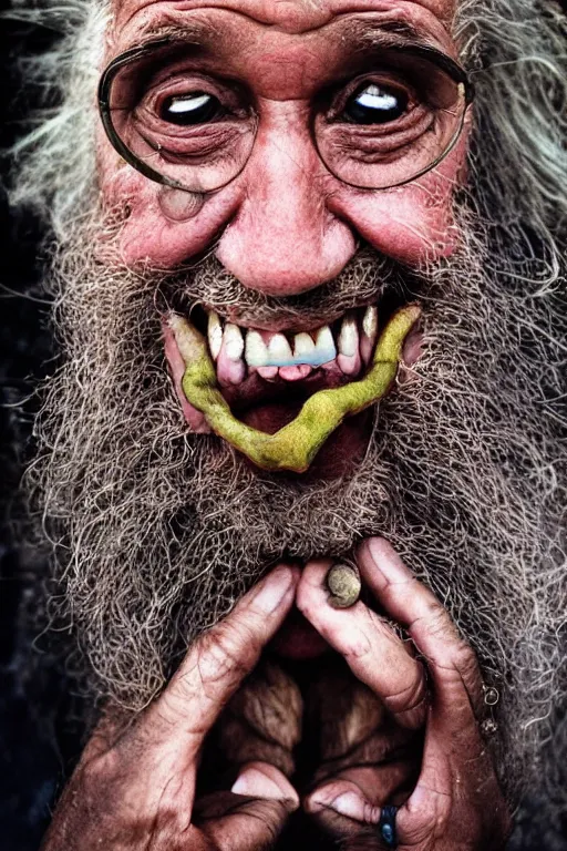 Prompt: a old laughing happy old man with 3 heads and 6 eyes, long hair, long beard, hanging upsidedown by steve mccurry