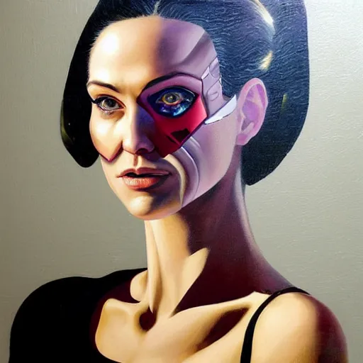 Image similar to portrait of a female android painted by Normand Rockwell and Sandra Chevrier