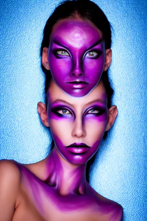 Prompt: purple - skinned alien girl, cosplay, photo shoot, body paint, beautiful symmetric face, studio lighting