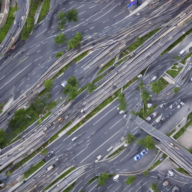 Prompt: aerial view of road intersection in the city