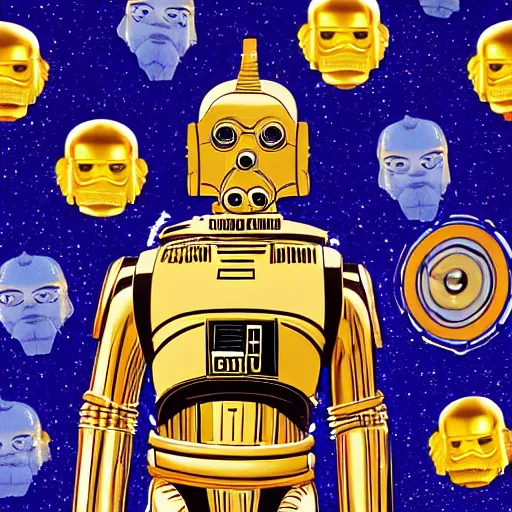 Image similar to entire body portrait of Simpson as C3PO in star wars, background blue sky puffy clouds cinematic 4k