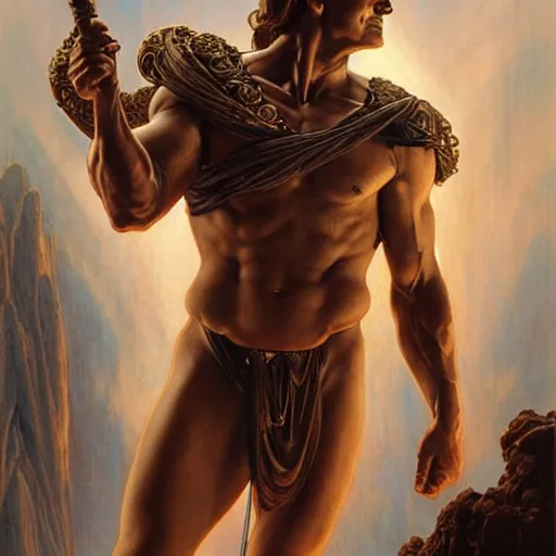 Prompt: patrick swayze as the roman god of protection!! intricate elegant, highly detailed, digital painting, artstation, concept art, smooth, sharp focus, illustration, art by ( ( ( artgerm ) ) ) and greg rutkowski! and ( ( alphonse mucha ) ), heavily influenced by frank frazetta and boris vallejo, sword and sorcery