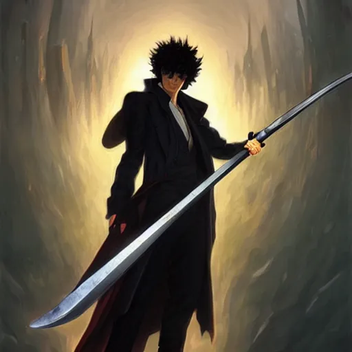 Image similar to Spike Spiegel as a grim reaper holding a giant scythe, fantasy, intricate, elegant, highly detailed, digital painting, artstation, concept art, matte, sharp focus, illustration, art by Artgerm and Greg Rutkowski and Alphonse Mucha