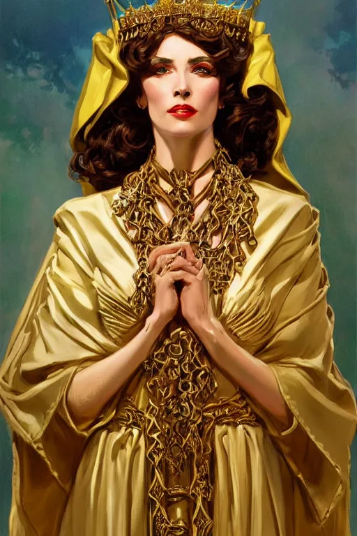 Image similar to Portrait of historically accurate, ancient biblical, sultry, sneering, evil, pagan, wicked, queen jezebel, wearing gilded robes, long hair, intricate, elegant, highly detailed, masterpiece, illustration, art by J C Leyendecker, highly detailed, trending on artstation, award winning