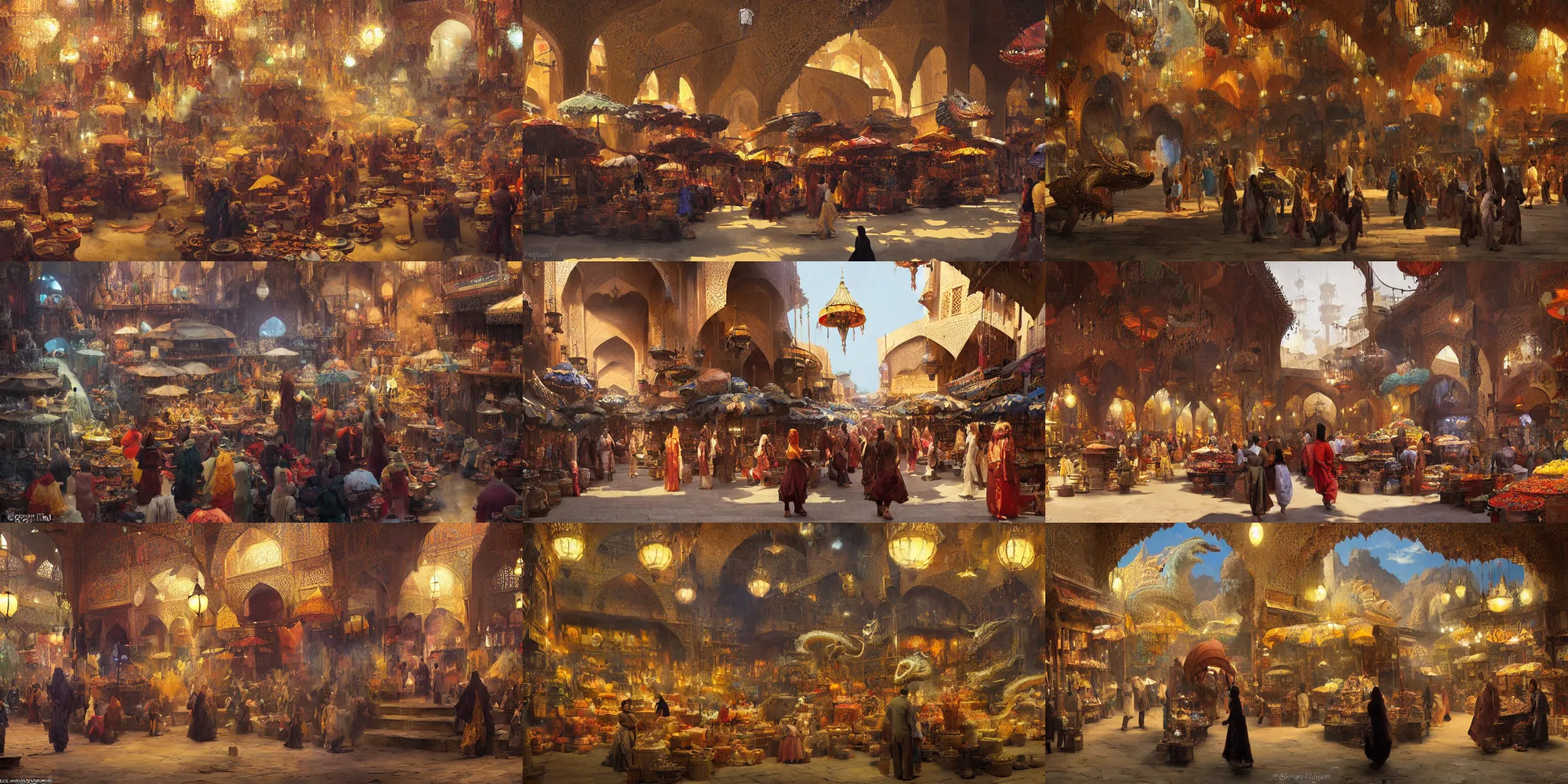 Prompt: a concept art matte painting in the style of orientalism of dragons on display in a dragon auction in the grand bazaar of isfahan by greg rutkowski and edwin lord weeks, speed painting with brush strokes of dragons in a dragon market