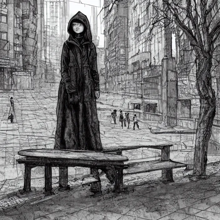 Image similar to storyboard : sadie sink in hoodie sits on bench in ruined square, pedestrians walk by, soviet monument and propaganda posters. scifi cyberpunk. by gabriel hardman. cinematic atmosphere, detailed and intricate, perfect anatomy