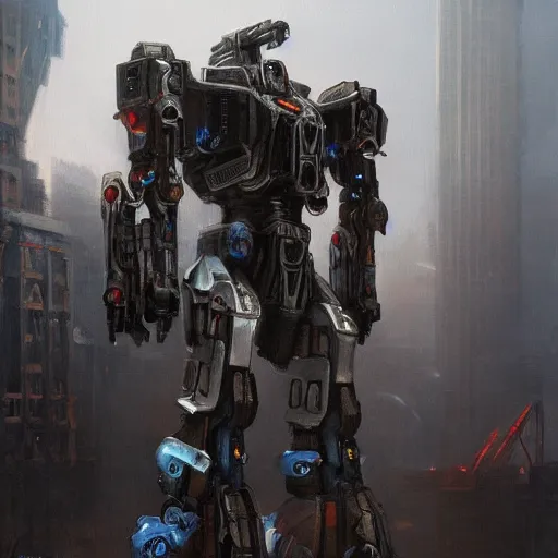 Image similar to a full length portrait of a giant autonomous polished steel battle mecha, a moody sci - fi painting by grosnez and juan pablo roldan, trending on artstation, highly detailed matte painting, cinematic