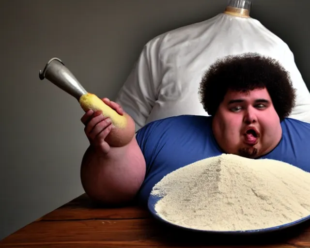 Prompt: Obese man with an afro eating as much flour and oil humanly possible, he weighs 900000000 pounds and is drinking oil from a pitcher