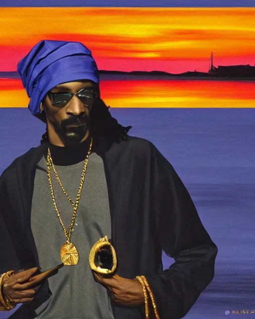 Image similar to snoop Dogg dressed as The girl with the pearl earring, smoking, Long Beach background, sunset