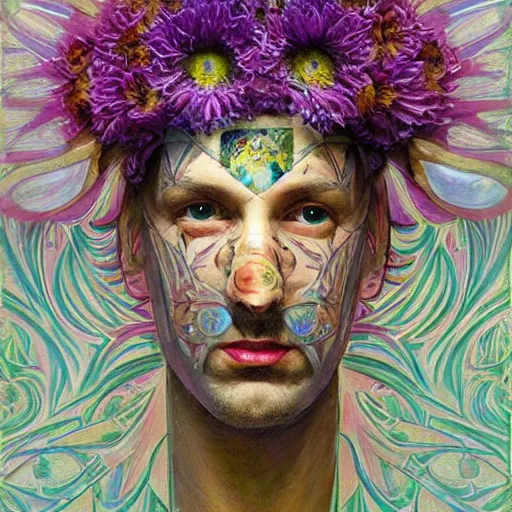 Prompt: masterpiece painting of a doug stanhope made of stylized flowers, by annie swynnerton and jean delville and tino rodriguez, flower mask, art deco shaman, symbolist, dramatic lighting, god rays, elaborate geometric ornament, clean crisp graphics, soft cool colors, smooth, sharp focus, extremely detailed