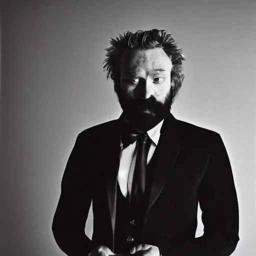 Prompt: a man with a beard and a black jacket, a portrait by John E. Berninger, dribble, neo-expressionism, uhd image, studio portrait, 1990s