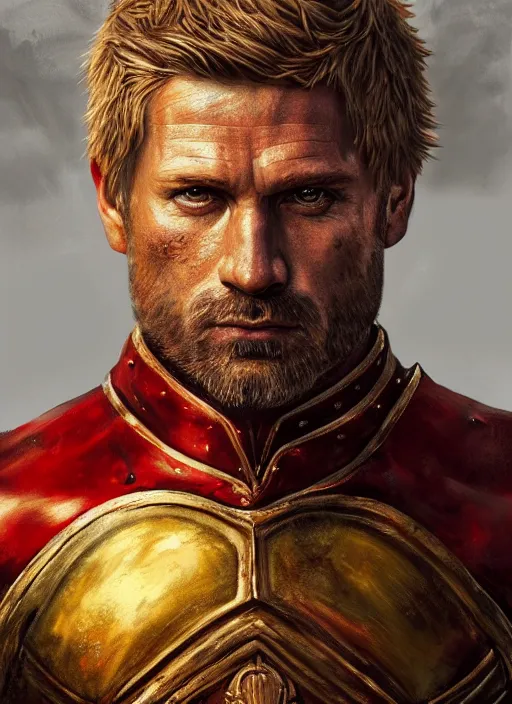 Image similar to highly detailed oil painting, masterpiece portrait warrior guard male lannister, fantasy character portrait, dynamic pose, above view, top lighting, realistic shaded, perfect face, 8 k realistic, hyper detailed, digital painting, artstation, concept art, hyper detailed eyes, cinematic lighting, dynamic pose, above view, perfect eyes