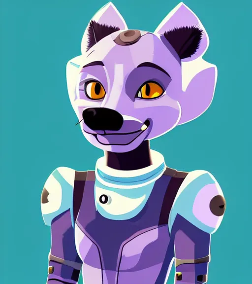 Image similar to digital detailed full body of anthromorphic female hyena, in style of zootopia, fursona, furry, furaffinity, 4 k, deviantart, wearing astronaut outfit, in style of zootopia, floating in space, space background, in deep space, dark background, hyena fursona, cyberpunk, female, detailed face,