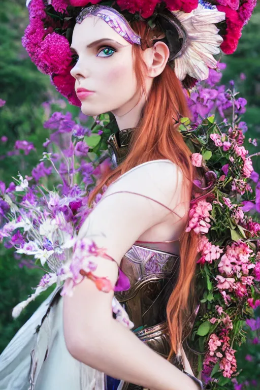 Image similar to closeup portrait of a beautiful mysterious amouranth warrior wearing an armour costume and helmet, holding a bouquet of flowing flowers from below, hands disappeared under the bouquet of flowers, profile view, fantasy, regal, intricate, by ren hang, martine johanna, tran nguyen