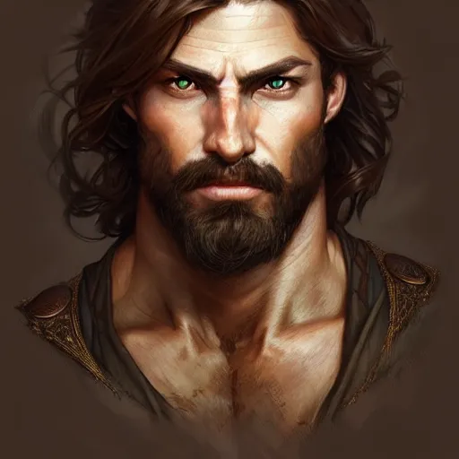 Image similar to Portrait of rugged male ranger, D&D, amber eyes, face, long hair, muscular, fantasy, intricate, elegant, highly detailed, digital painting, artstation, concept art, smooth, sharp focus, illustration, art by artgerm and greg rutkowski and alphonse mucha