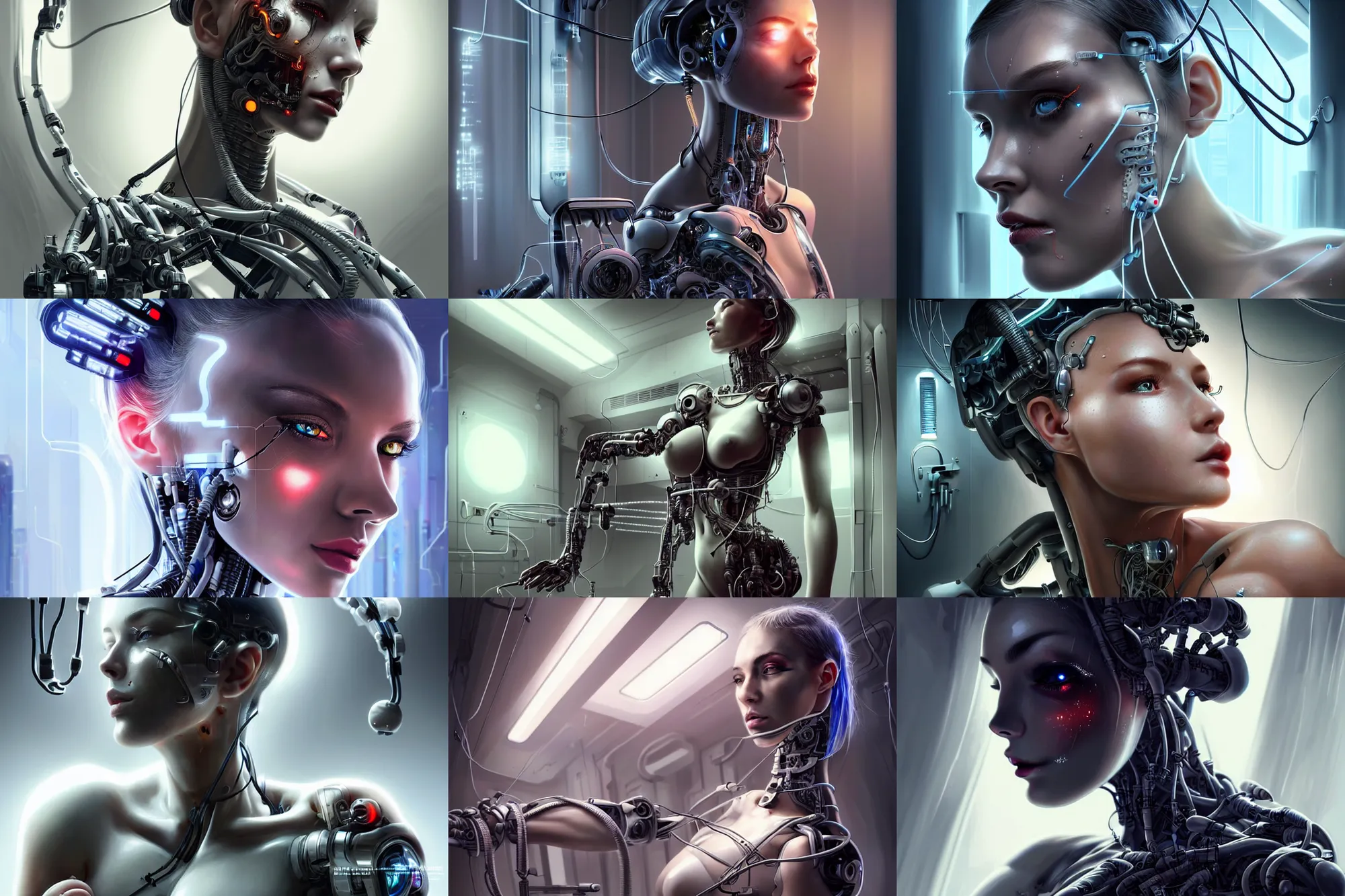 Prompt: Ultra realistic illustration, incredibly beautiful damaged female cyborg being repaired in a futuristic super advanced military medical bay with cables hanging from ceiling, beautiful face, voluptuous body, cyberpunk, sci-fi, fantasy, intricate, elegant, highly detailed, digital painting, artstation, concept art, smooth, sharp focus, illustration, dramatic lighting, art by artgerm and greg rutkowski and alphonse mucha