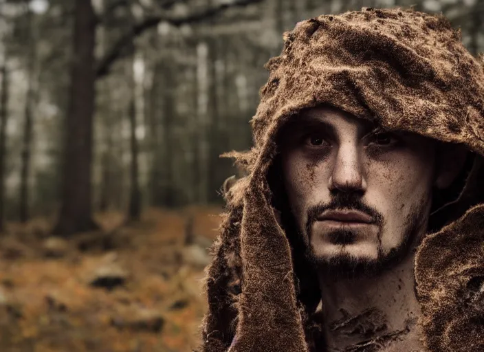 Prompt: character and environment photography, portrait 2 0 - year - old male druid, biomechanical tattered hood and robe, infested bear standing, medium shot, wide angle, 2 0 0 px, low key