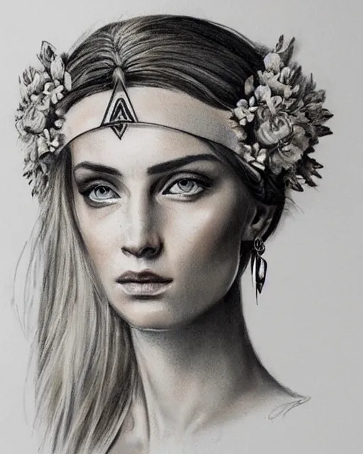 Image similar to realism tattoo sketch of anna jagodzinska as a beautiful greek goddess aphrodite with piercing eyes wearing a laurel wreath and triangle earrings, in the style of greg rutkowski, amazing detail