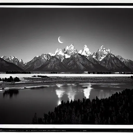 Prompt: the moon and the tetons and the snake river, by ansel adams,