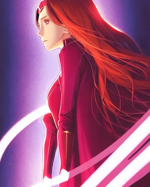 Image similar to Anime as Elizabeth Olsen playing Scarlet Witch || cute-fine-face, pretty face, realistic shaded Perfect face, fine details. Anime. realistic shaded lighting poster by Ilya Kuvshinov katsuhiro otomo ghost-in-the-shell, magali villeneuve, artgerm, Jeremy Lipkin and Michael Garmash and Rob Rey as Scarlet Witch in New York cute smile