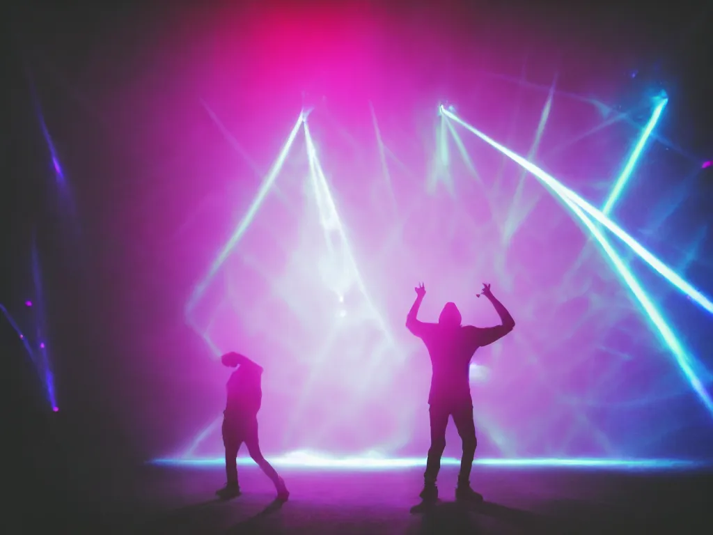 Image similar to a lone figure freestyle rapping, holding microphone, epic pose, silhouetted, distinct figure, psychedelic hip-hop, laser light show, fog, beams of light