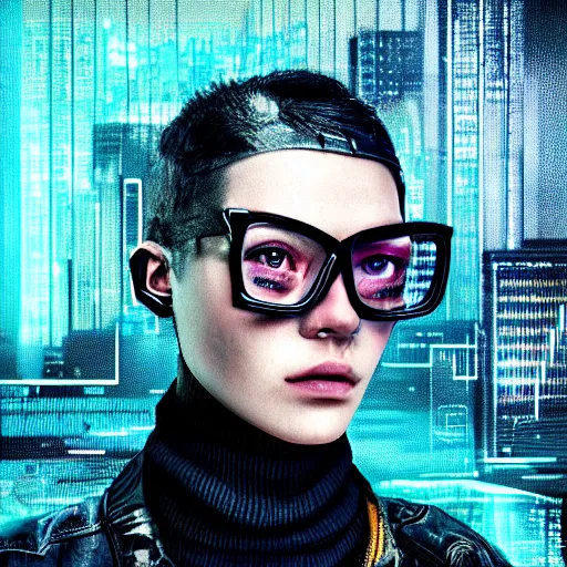 Prompt: hyperrealistic surrealist portrait of a shrouded cyberpunk character wearing high-tech glasses with digital ui, glitch art, streetwear, cityscape background, oil painting, intricate, octane render, polished, 4k, trending on artstation