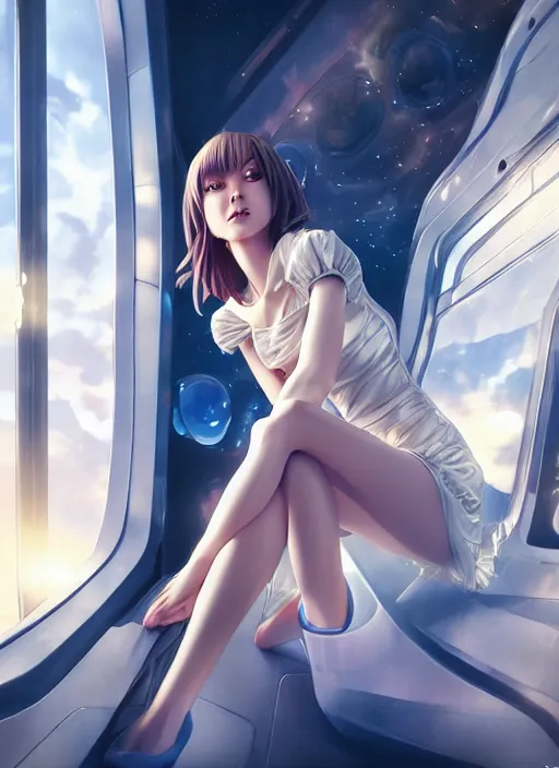 Image similar to woman sitting on a spaceship window, beautiful detailed dress, detailed face, detailed torso, smiling, by artgerm, by wlop, anime style, octane render