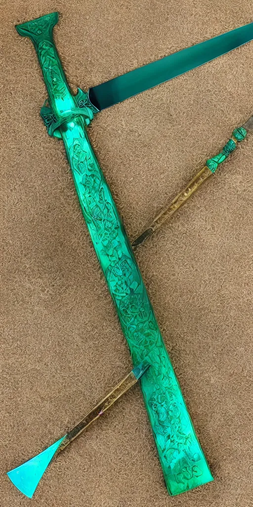 Image similar to photograph of a wide green and teal crystal double - edged sword blade attached to a big gold sword hilt