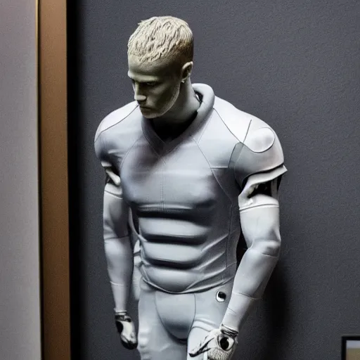 Image similar to a realistic detailed photo of a guy who is an attractive humanoid who is half robot and half humanoid, who is a male android, football player christian mccaffrey, shiny skin, posing like a statue, blank stare, in a living room, on display, showing off his muscles