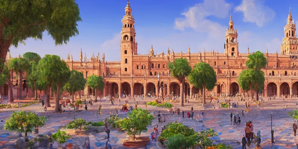 Prompt: ultra detailed and realistic painting of la plaza de espana ( seville ) inspired by very beautiful cute and colored disney movie backgrounds, rendered in 8 k unreal engine