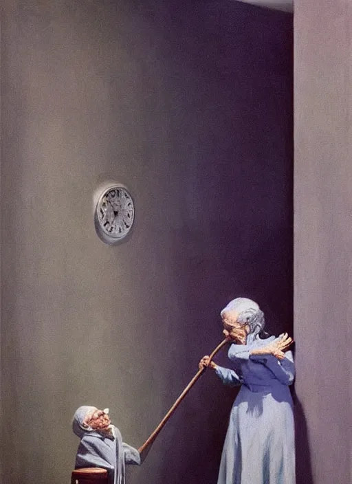 Prompt: old woman with a cane with hysterical facial expression at the art deco hospital painting by Edward Hopper and James Gilleard, Zdzislaw Beksinski highly detailed