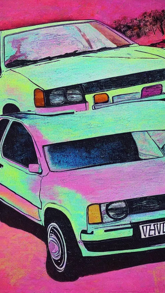 Prompt: outsider art painting of a 1 9 8 0 s vw golf, pastel colour palette, iridescent