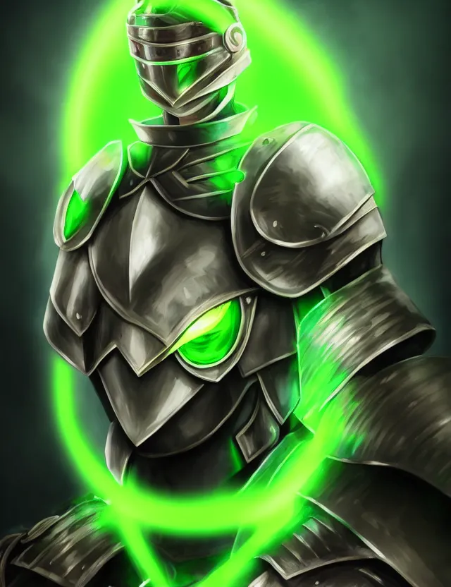 Image similar to an anime portrait of a blonde man with glowing green eyes in green plate armour glowing with green energy, trending on artstation, digital art, 4 k resolution, detailed, high quality, sharp focus, hq artwork, coherent, insane detail