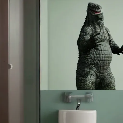 Prompt: godzilla in the bathroom brushing his teeth, electric toothbrush