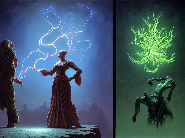 Prompt: the female arcanist and the male artificer by zacharias aagaard and albert bierstadt and gerald brom and zdzisław beksinski and james gilleard and wayne barlowe and marc simonetti, highly detailed, hyperrealistic, intricate, floating metallic objects, energy, electricity, blue flames, low light, glowing green crystals, high contrast