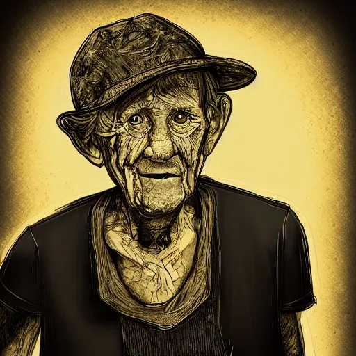 Image similar to detailed half body digital art of a old person wearing ragged and ruined clothes. the background is pure black with a little bit of glow behind the character