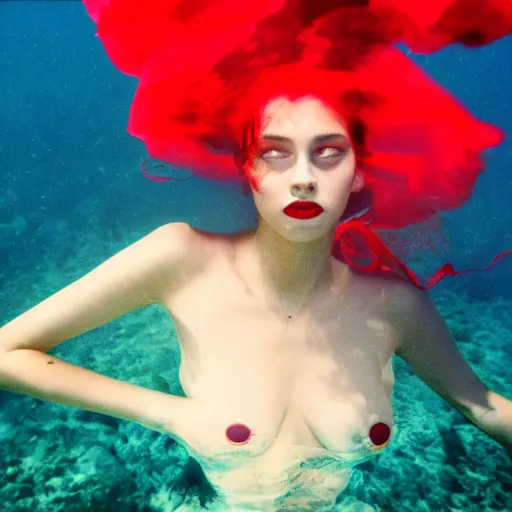Prompt: beautiful portrait of sensual fashion model in red silk underwater, 35mm film