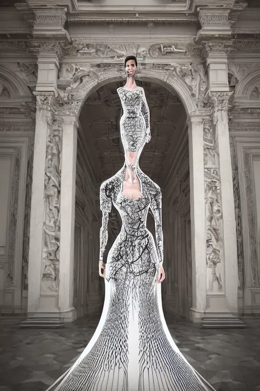 Image similar to a beautiful hyperrealistic ultradetailed 3D, one girl in a magnificent McQueen couture dress on against the backdrop of a marble building, Designer clothes, futuristic clothes, clothes from the future, voge photo, fashion style, fullbody, in full growth, photorealistic, high resolution, trending on artstation, highly detailed, volumetric lighting, elegant, details, good clear quality, volumetric lighting,