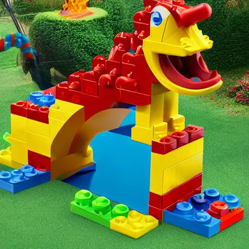 Image similar to duplo dino rollercoaster on fire