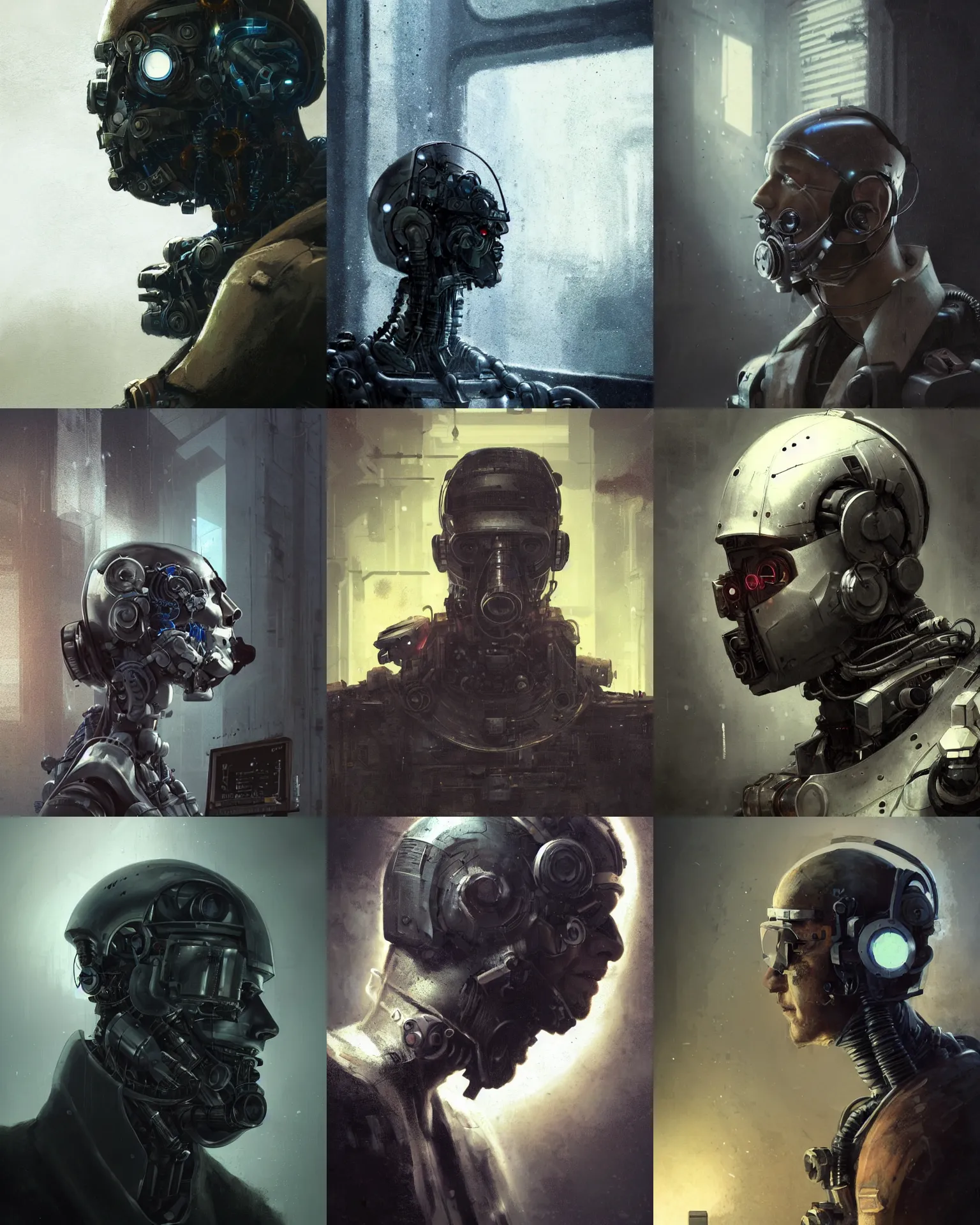 Image similar to a half - masked rugged young laboratory engineer man with cybernetic enhancements as seen from a distance, scifi character portrait by greg rutkowski, esuthio, craig mullins, 1 / 4 headshot, cinematic lighting, dystopian scifi gear, gloomy, profile picture, mechanical, half robot, implants, steampunk