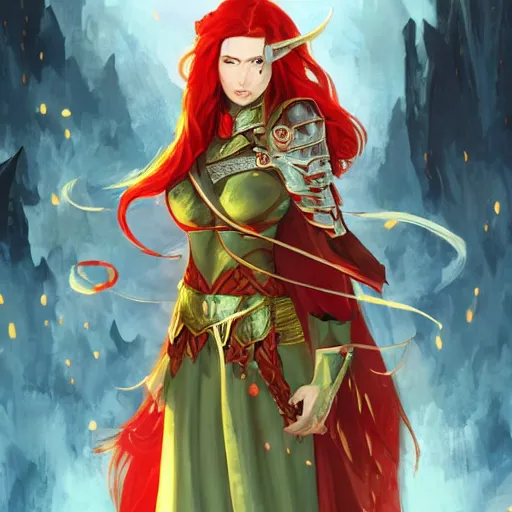 Image similar to a female elven cleric with red long hair, very good beautiful heavy scale armor, wearing a cape, casting a fire spell, dungeon background, magical, bright, colorful, fantastic lighting, amazing details, 4 k uhd, illustration by stephanie brown and mingchen shen and ilya kuvshinov, artstation, pixiv, concept art,