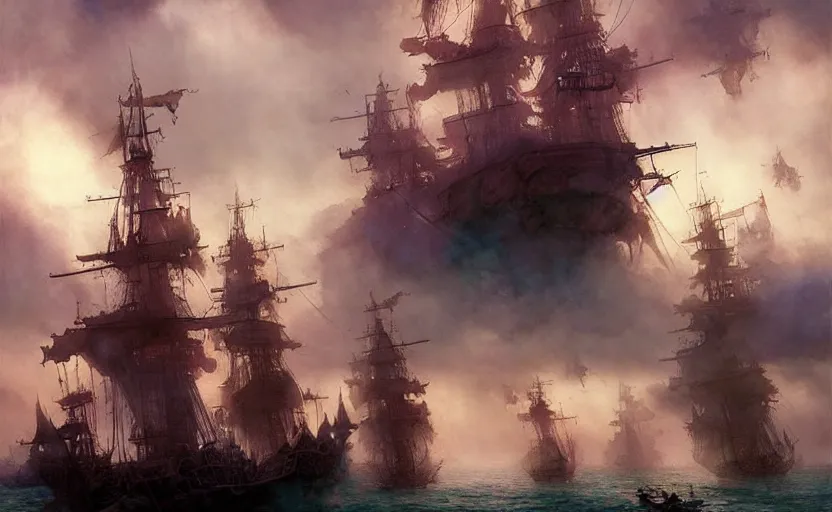 Image similar to pirate galleon fleet. intricate, amazing composition, colorful watercolor, by ruan jia, by maxfield parrish, by marc simonetti, by hikari shimoda, by robert hubert, by zhang kechun, illustration, gloomy, volumetric lighting, fantasy