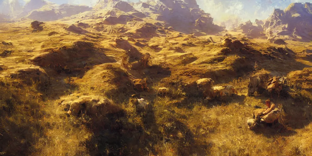 Prompt: an oil landscape painting; masterpiece; extremely-detailed; by Craig Mullins