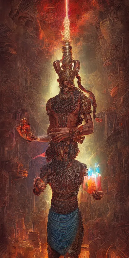 Image similar to Portrait of enlil sumerian god, holding a strobilus in his left hand, illustration, by James Jean, artgerm, octane render, by John Coltrane and Marc Simonetti, Manic, inspired by Greg rutkowski, colorful, high detail of the face, full body