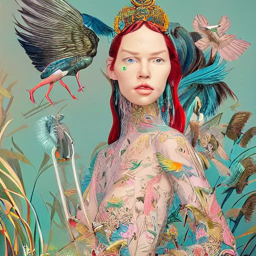 Image similar to pretty model with birds and feathers : : by martine johanna and simon stalenhag and chie yoshii and casey weldon and wlop : : ornate, dynamic, particulate, rich colors, intricate, elegant, highly detailed, vogue, harper's bazaar art, fashion magazine, smooth, sharp focus, 8 k, octane render